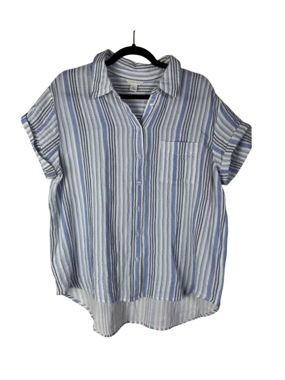 Caslon Blue White Striped Button Up Short Sleeve Gauzy Cotton Shirt Size XL Boxy